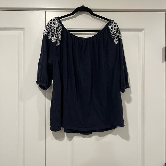 NWT Tommy Hilfiger Women's Wide Neck Off Shoulder Navy‎ Top White 1x Plus - Picture 3 of 7